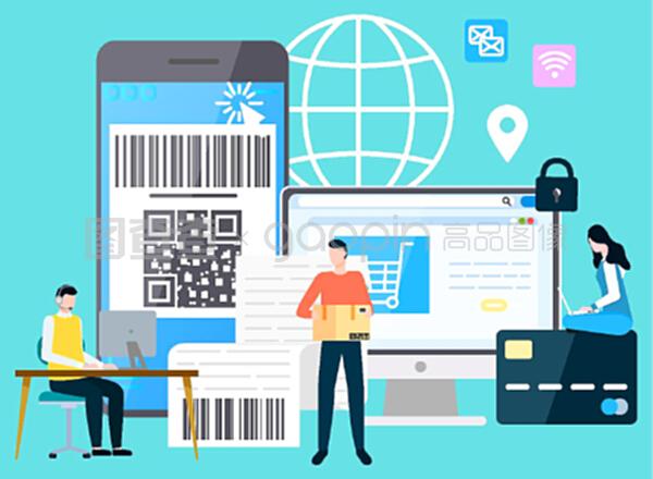 有支付保障的智能手機和計算機,購物和送貨。網上支付系統,帶筆記本電腦的字符。平面卡通風格的矢量插圖。國際商務現代技術小工具